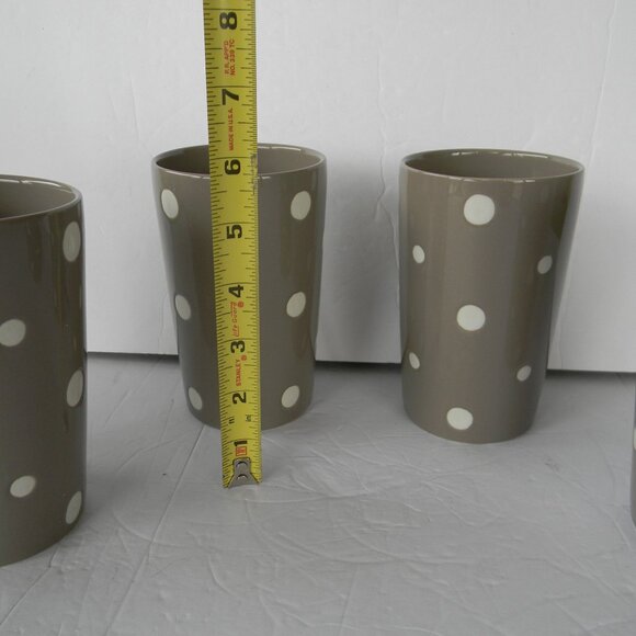 NEW Temp-Tations Polka Dot Set/ 4 16oz CERAMIC Carafe CupS TUMBLERS TAUPE/WHITE - Picture 3 of 5